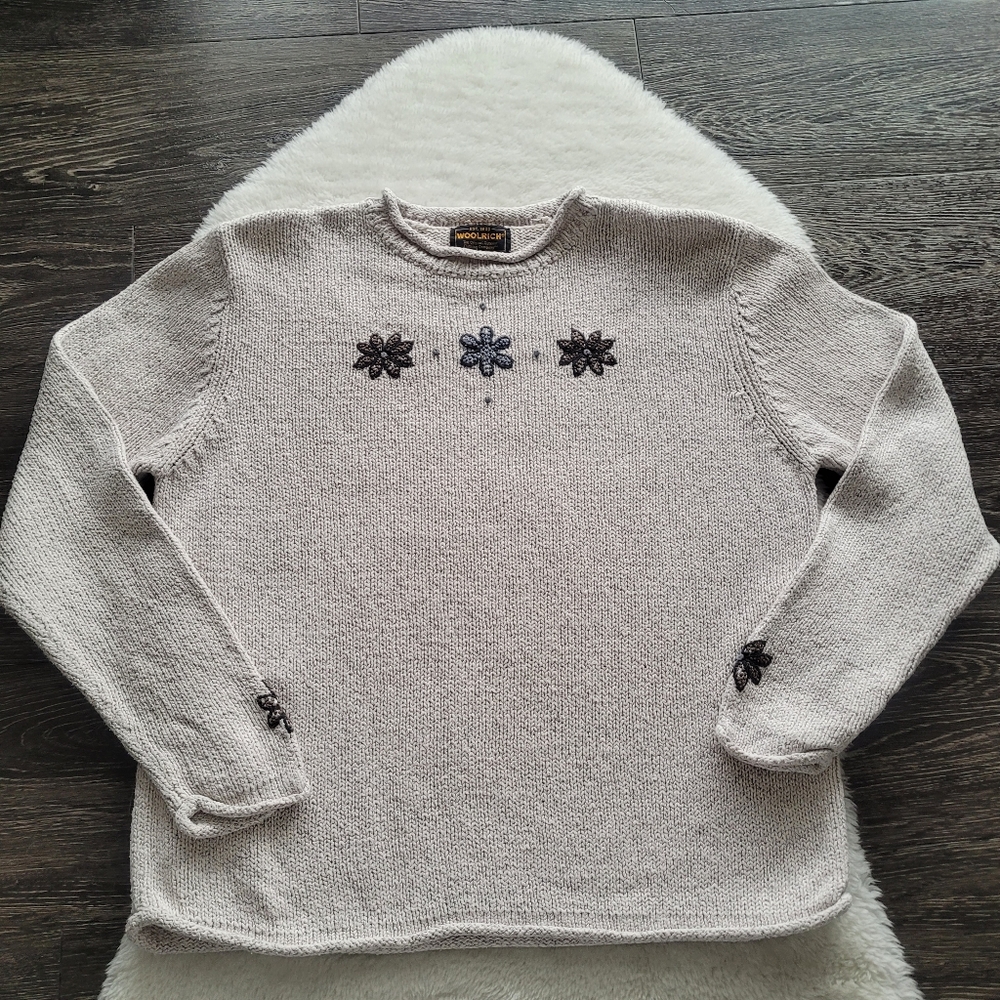Woolrich Y2K Cotton Rollneck Crew Sweater with Floral Embroidery in Oatmeal Sz L
